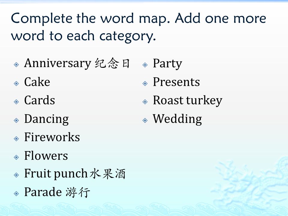 Complete the word map. Add one more word to each category.