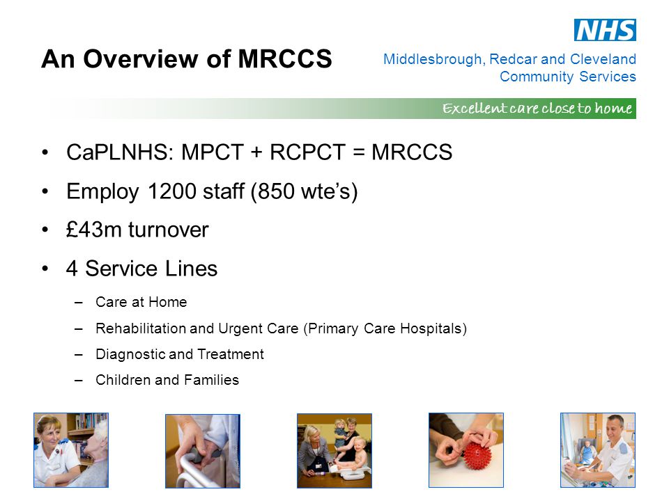 Middlesbrough, Redcar and Cleveland Community Services Excellent care close to home An Overview of MRCCS CaPLNHS: MPCT + RCPCT = MRCCS Employ 1200 staff (850 wte’s) £43m turnover 4 Service Lines –Care at Home –Rehabilitation and Urgent Care (Primary Care Hospitals) –Diagnostic and Treatment –Children and Families