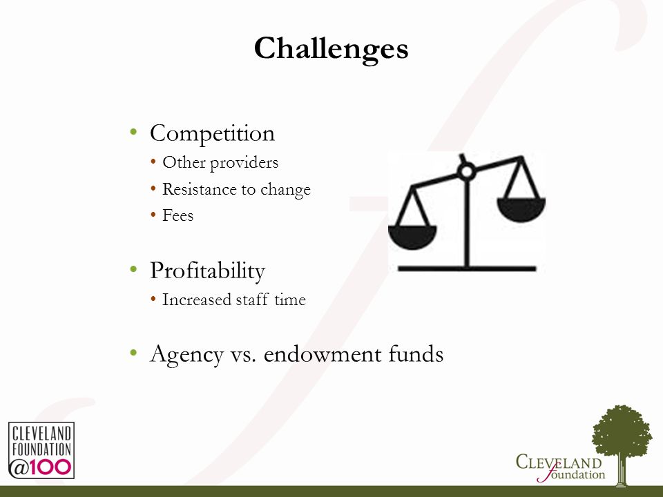 Challenges Competition Other providers Resistance to change Fees Profitability Increased staff time Agency vs.