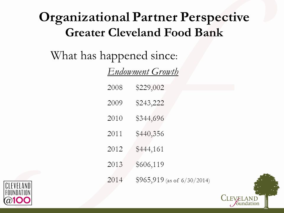 Organizational Partner Perspective Greater Cleveland Food Bank What has happened since : Endowment Growth 2008$229, $243, $344, $440, $444, $606, $965,919 (as of 6/30/2014)