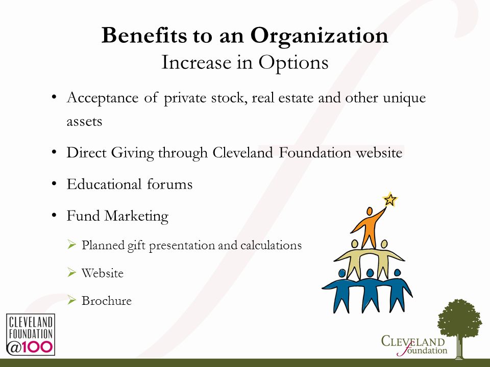 Benefits to an Organization Increase in Options Acceptance of private stock, real estate and other unique assets Direct Giving through Cleveland Foundation website Educational forums Fund Marketing  Planned gift presentation and calculations  Website  Brochure