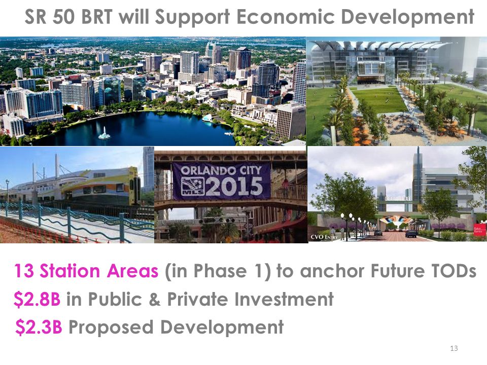 117,539 $2.8B in Public & Private Investment SR 50 BRT will Support Economic Development $2.3B Proposed Development Station Areas (in Phase 1) to anchor Future TODs