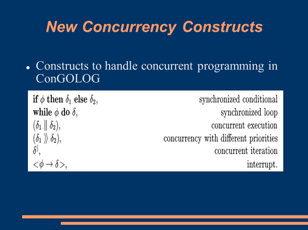 New Concurrency Constructs Constructs to handle concurrent programming in ConGOLOG