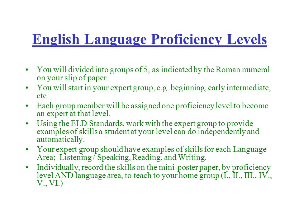 English Language Proficiency Levels You will divided into groups of 5, as indicated by the Roman numeral on your slip of paper.