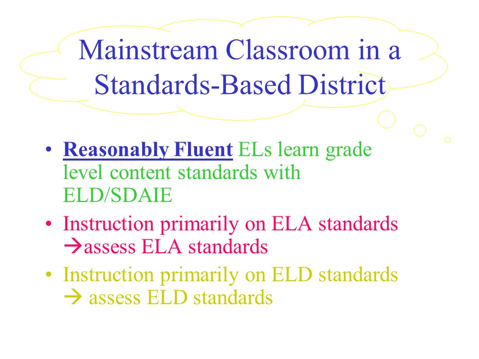 Mainstream Classroom in a Standards-Based District Reasonably Fluent ELs learn grade level content standards with ELD/SDAIE Instruction primarily on ELA standards  assess ELA standards Instruction primarily on ELD standards  assess ELD standards