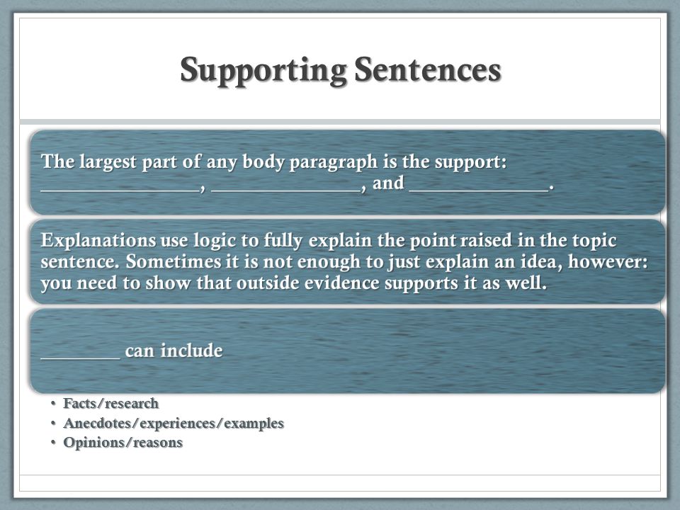 Supporting Sentences The largest part of any body paragraph is the support: ________________, _______________, and ______________.