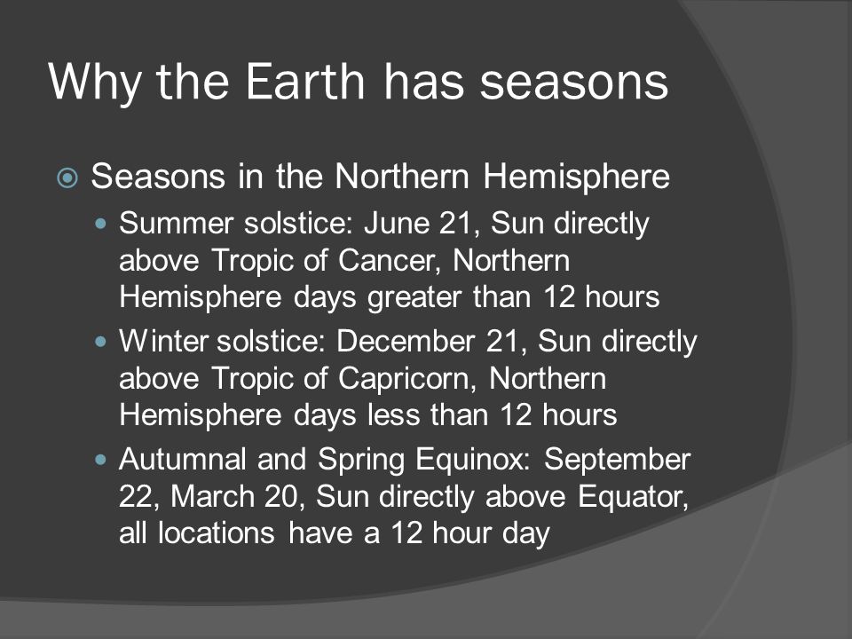 Why the Earth has seasons  Seasons in the Northern Hemisphere Summer solstice: June 21, Sun directly above Tropic of Cancer, Northern Hemisphere days greater than 12 hours Winter solstice: December 21, Sun directly above Tropic of Capricorn, Northern Hemisphere days less than 12 hours Autumnal and Spring Equinox: September 22, March 20, Sun directly above Equator, all locations have a 12 hour day