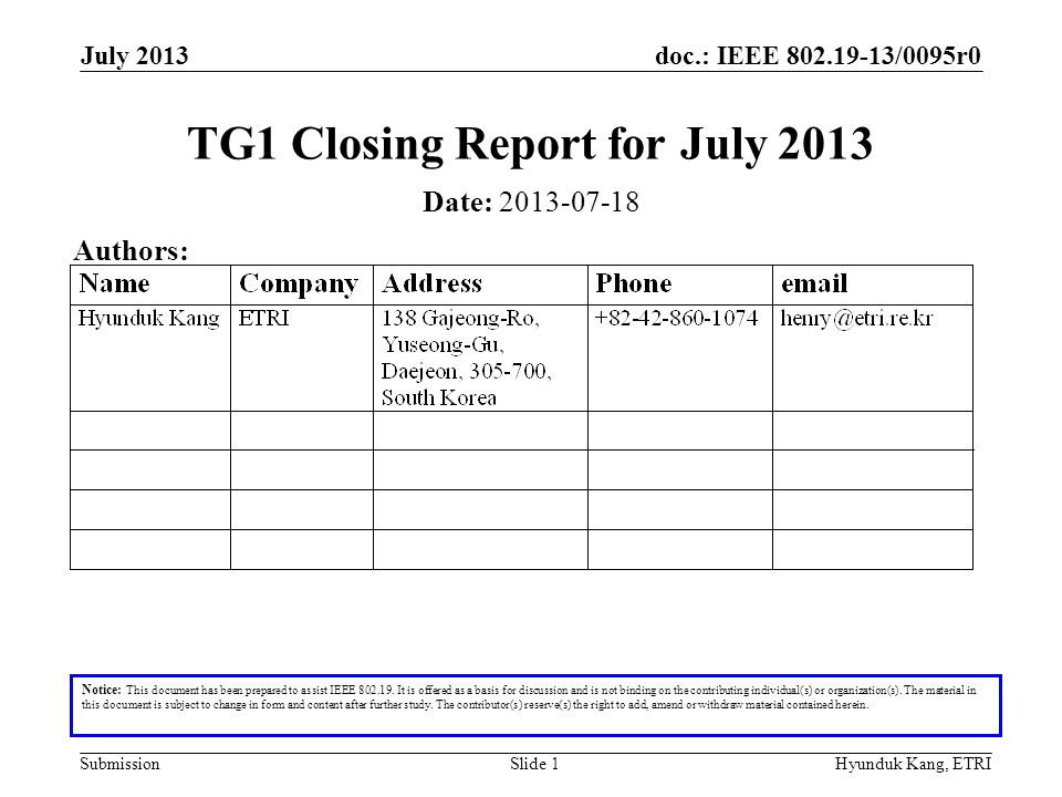 doc.: IEEE /0095r0 Submission July 2013 Hyunduk Kang, ETRISlide 1 TG1 Closing Report for July 2013 Notice: This document has been prepared to assist IEEE
