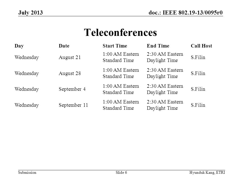 doc.: IEEE /0095r0 Submission Teleconferences DayDateStart TimeEnd TimeCall Host WednesdayAugust 21 1:00 AM Eastern Standard Time 2:30 AM Eastern Daylight Time S.Filin WednesdayAugust 28 1:00 AM Eastern Standard Time 2:30 AM Eastern Daylight Time S.Filin WednesdaySeptember 4 1:00 AM Eastern Standard Time 2:30 AM Eastern Daylight Time S.Filin WednesdaySeptember 11 1:00 AM Eastern Standard Time 2:30 AM Eastern Daylight Time S.Filin July 2013 Hyunduk Kang, ETRISlide 6