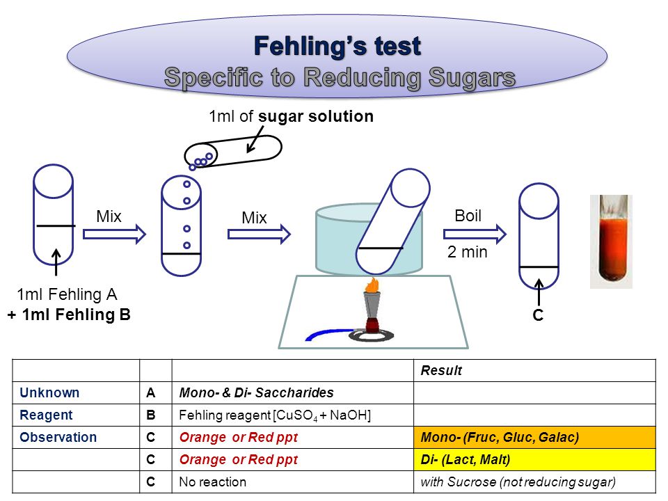 1ml of sugar solution 1ml Fehling A + 1ml Fehling B Mix C Boil 2 min Result UnknownAMono- & Di- Saccharides ReagentBFehling reagent [CuSO 4 + NaOH] ObservationCOrange or Red pptMono- (Fruc, Gluc, Galac) COrange or Red pptDi- (Lact, Malt) CNo reactionwith Sucrose (not reducing sugar)