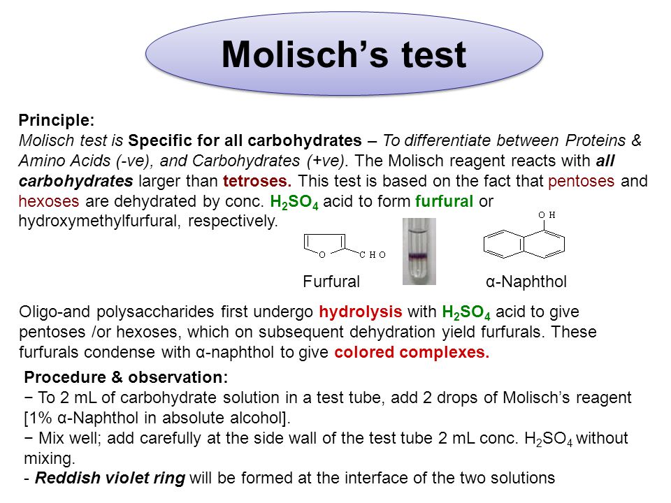 Molisch’s test Principle: Molisch test is Specific for all carbohydrates – To differentiate between Proteins & Amino Acids (-ve), and Carbohydrates (+ve).