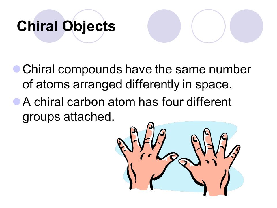 Chiral Objects Chiral compounds have the same number of atoms arranged differently in space.