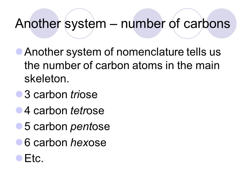 Another system – number of carbons Another system of nomenclature tells us the number of carbon atoms in the main skeleton.