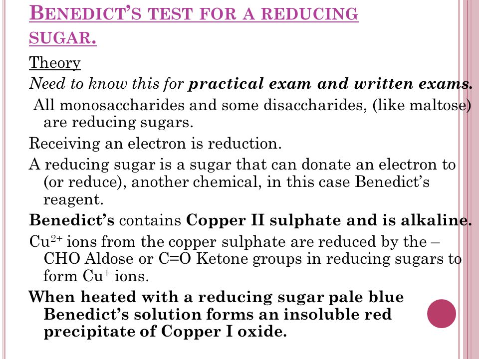 B ENEDICT ’ S TEST FOR A REDUCING SUGAR.