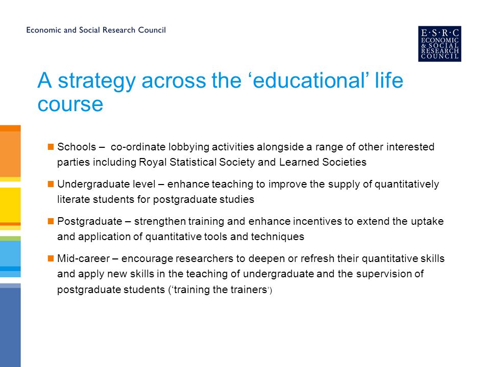 A strategy across the ‘educational’ life course Schools – co-ordinate lobbying activities alongside a range of other interested parties including Royal Statistical Society and Learned Societies Undergraduate level – enhance teaching to improve the supply of quantitatively literate students for postgraduate studies Postgraduate – strengthen training and enhance incentives to extend the uptake and application of quantitative tools and techniques Mid-career – encourage researchers to deepen or refresh their quantitative skills and apply new skills in the teaching of undergraduate and the supervision of postgraduate students (‘training the trainers ’)