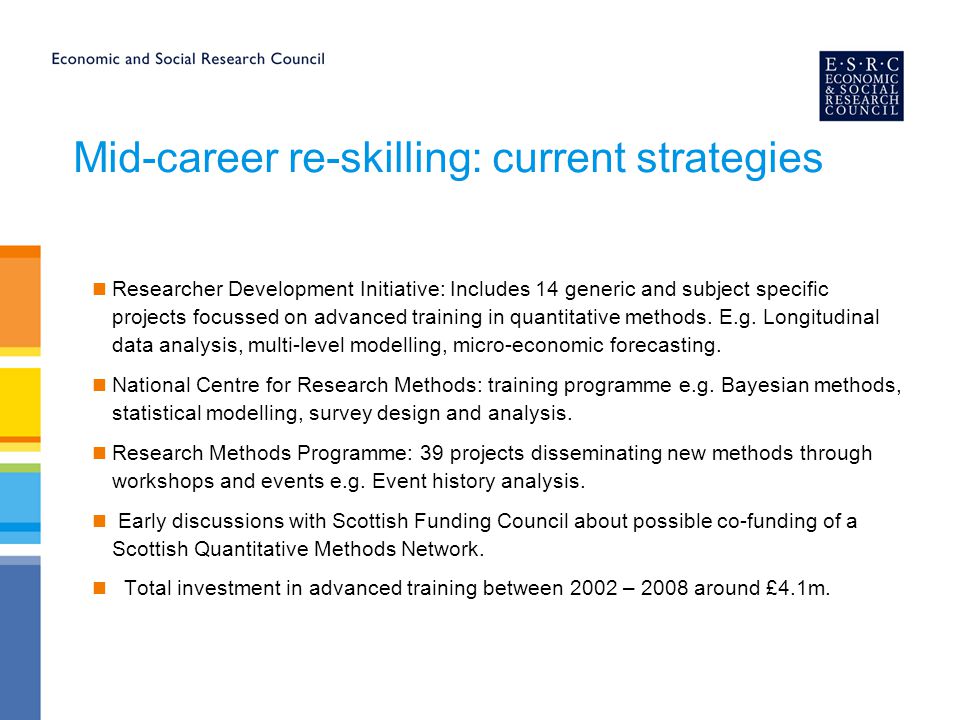Mid-career re-skilling: current strategies Researcher Development Initiative: Includes 14 generic and subject specific projects focussed on advanced training in quantitative methods.