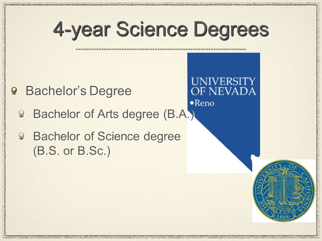 4-year Science Degrees Bachelor’s Degree Bachelor of Arts degree (B.A.) Bachelor of Science degree (B.S.