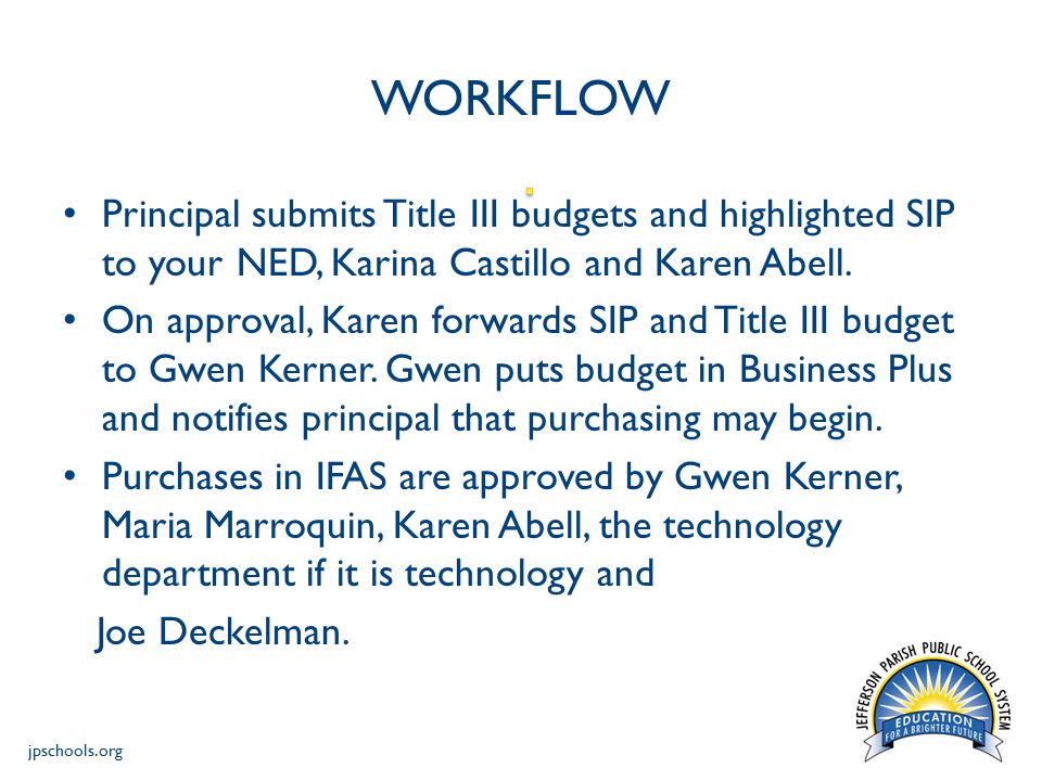 jpschools.org WORKFLOW Principal submits Title III budgets and highlighted SIP to your NED, Karina Castillo and Karen Abell.