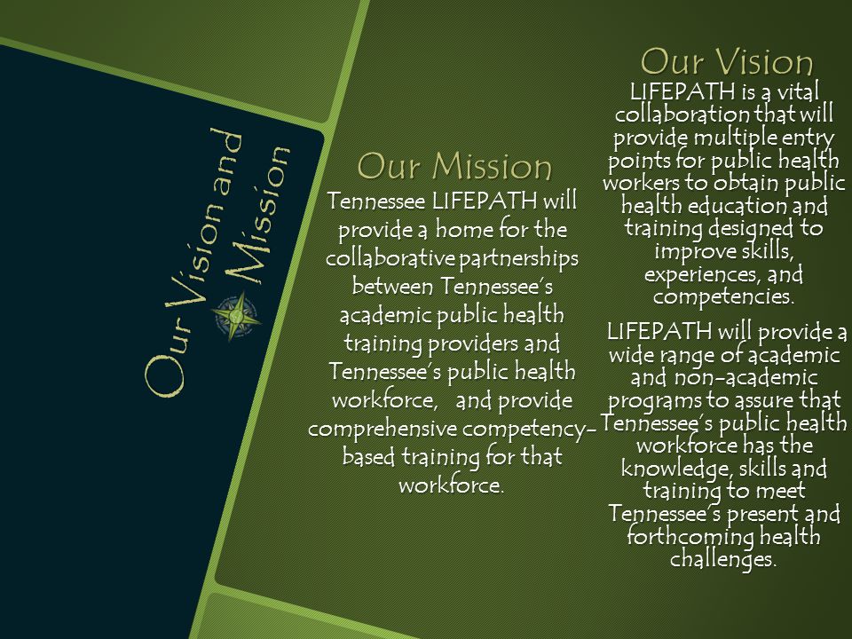 Our Vision and Mission Our Mission Tennessee LIFEPATH will provide a home for the collaborative partnerships between Tennessee’s academic public health training providers and Tennessee’s public health workforce, and provide comprehensive competency- based training for that workforce.