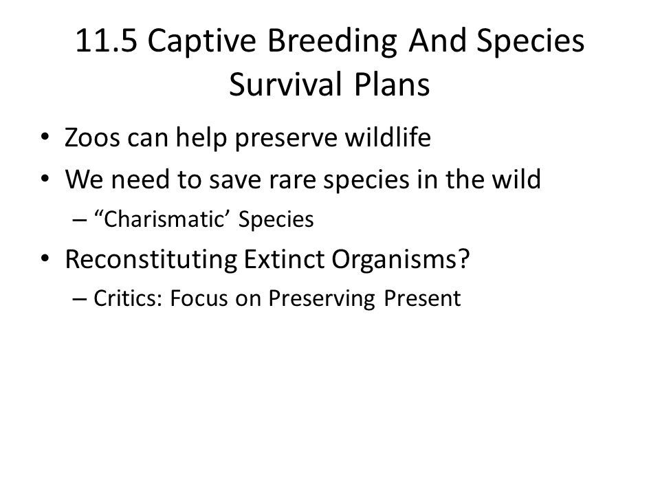 11.5 Captive Breeding And Species Survival Plans Zoos can help preserve wildlife We need to save rare species in the wild – Charismatic’ Species Reconstituting Extinct Organisms.