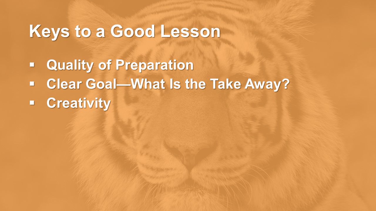 Keys to a Good Lesson  Quality of Preparation  Clear Goal—What Is the Take Away  Creativity