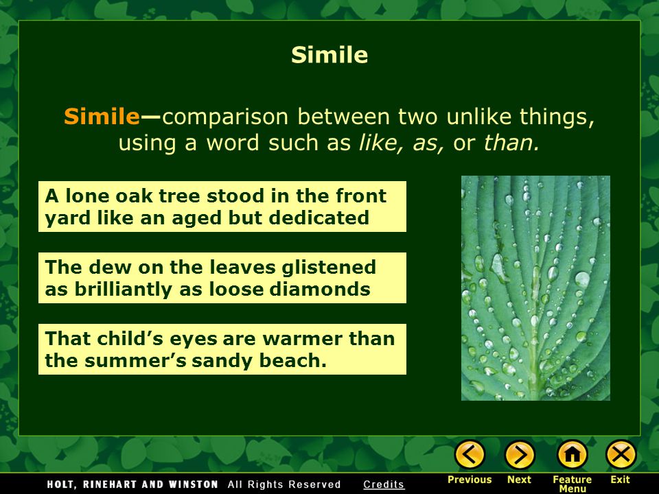 Simile—comparison between two unlike things, using a word such as like, as, or than.