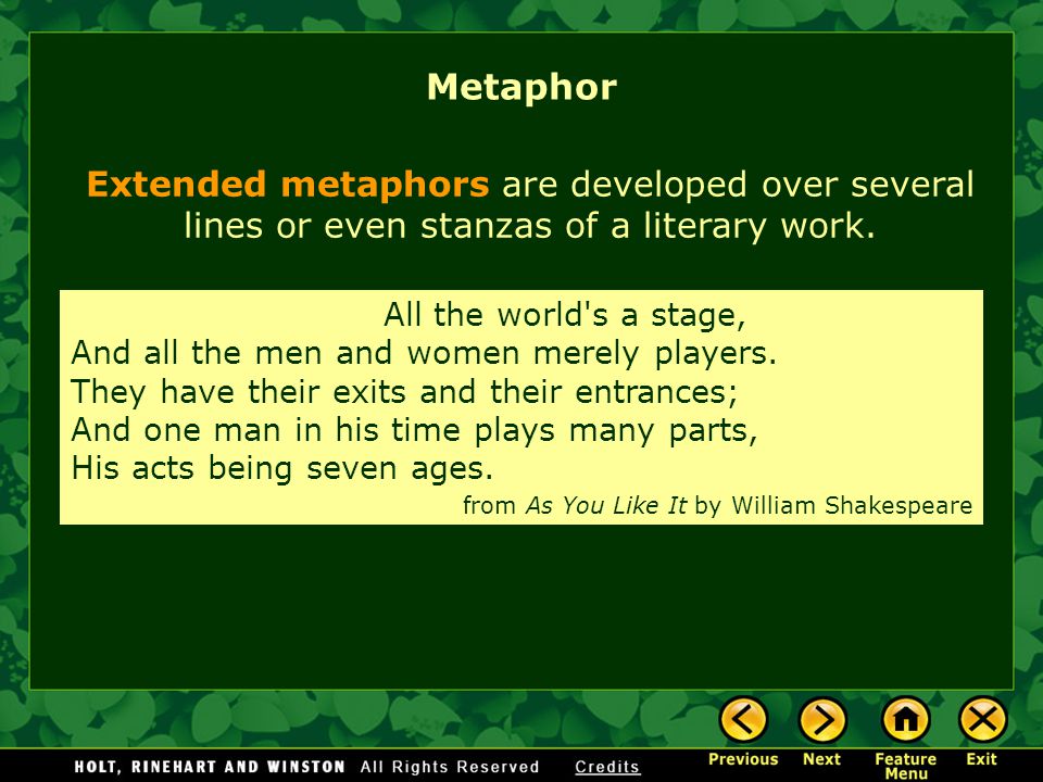 Extended metaphors are developed over several lines or even stanzas of a literary work.
