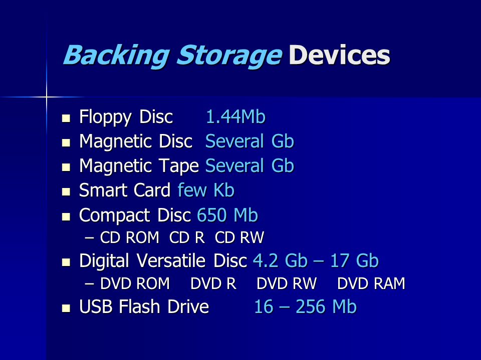 Backing Storage Devices Floppy Disc1.44Mb Floppy Disc1.44Mb Magnetic DiscSeveral Gb Magnetic DiscSeveral Gb Magnetic TapeSeveral Gb Magnetic TapeSeveral Gb Smart Card few Kb Smart Card few Kb Compact Disc 650 Mb Compact Disc 650 Mb –CD ROM CD R CD RW Digital Versatile Disc 4.2 Gb – 17 Gb Digital Versatile Disc 4.2 Gb – 17 Gb –DVD ROM DVD R DVD RW DVD RAM USB Flash Drive16 – 256 Mb USB Flash Drive16 – 256 Mb