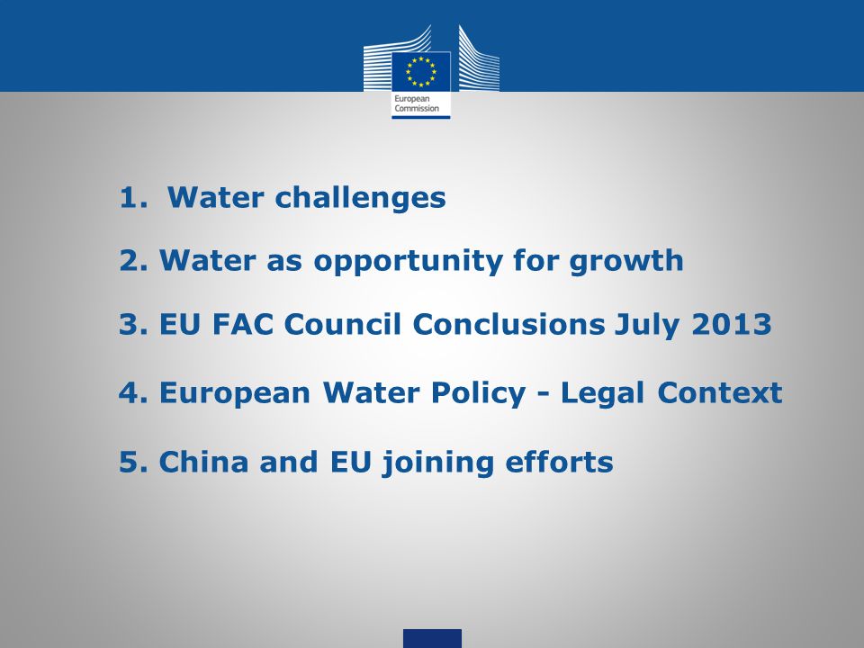 1.Water challenges 2. Water as opportunity for growth 3.