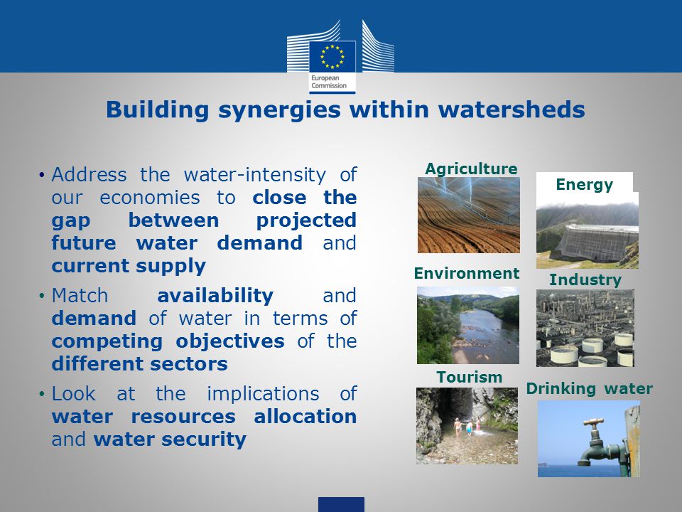 Address the water-intensity of our economies to close the gap between projected future water demand and current supply Match availability and demand of water in terms of competing objectives of the different sectors Look at the implications of water resources allocation and water security Building synergies within watersheds Agriculture Environment Tourism Drinking water Industry Energy