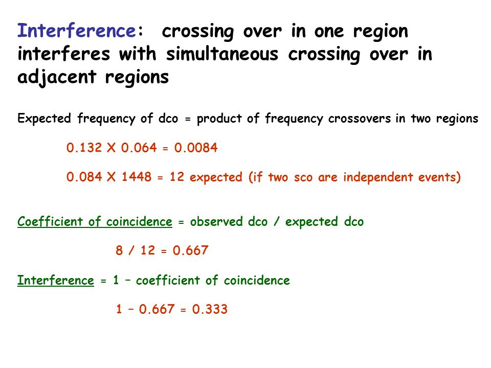 Interference: crossing over in one region interferes with simultaneous crossing over in adjacent regions Expected frequency of dco = product of frequency crossovers in two regions X = X 1448 = 12 expected (if two sco are independent events) Coefficient of coincidence = observed dco / expected dco 8 / 12 = Interference = 1 – coefficient of coincidence 1 – = 0.333