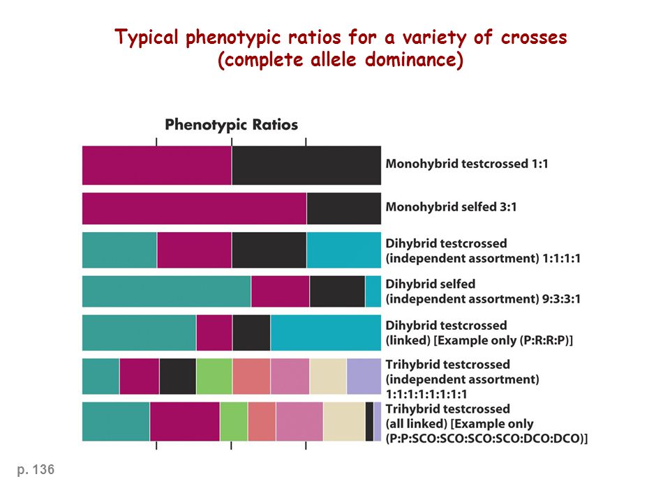 p. 136 Typical phenotypic ratios for a variety of crosses (complete allele dominance)