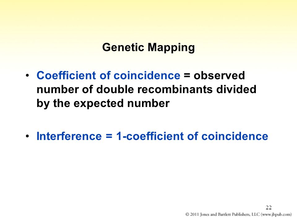 22 Genetic Mapping Coefficient of coincidence = observed number of double recombinants divided by the expected number Interference = 1-coefficient of coincidence