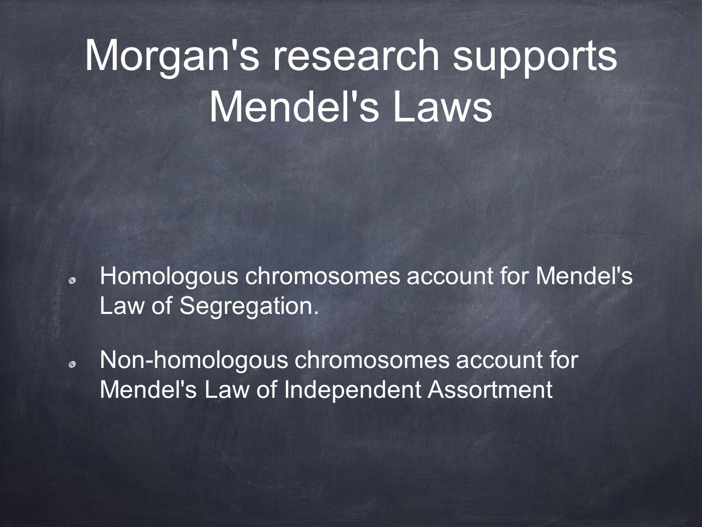 Morgan s research supports Mendel s Laws Homologous chromosomes account for Mendel s Law of Segregation.
