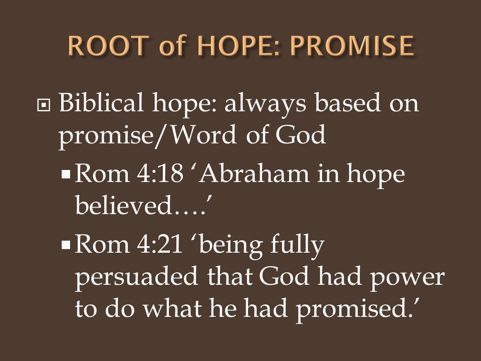  Biblical hope: always based on promise/Word of God  Rom 4:18 ‘Abraham in hope believed….’  Rom 4:21 ‘being fully persuaded that God had power to do what he had promised.’