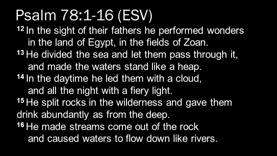 Psalm 78:1-16 (ESV) 12 In the sight of their fathers he performed wonders in the land of Egypt, in the fields of Zoan.
