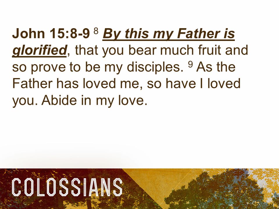 John 15:8-9 8 By this my Father is glorified, that you bear much fruit and so prove to be my disciples.