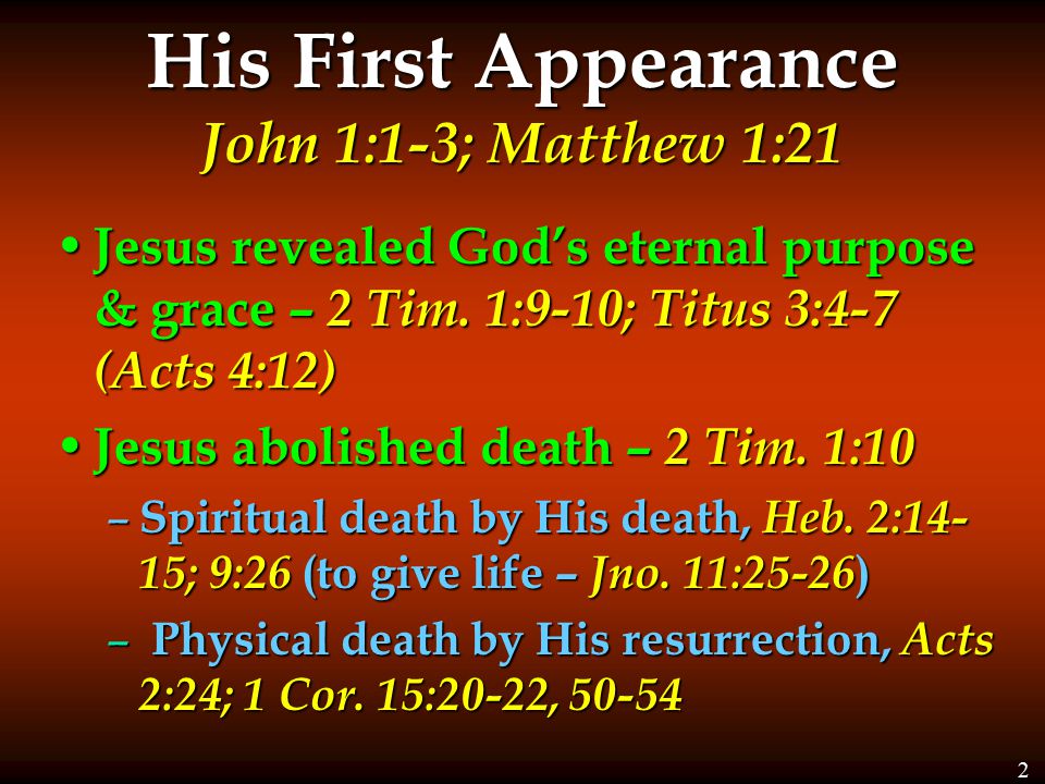 His First Appearance John 1:1-3; Matthew 1:21 Jesus revealed God’s eternal purpose & grace – 2 Tim.