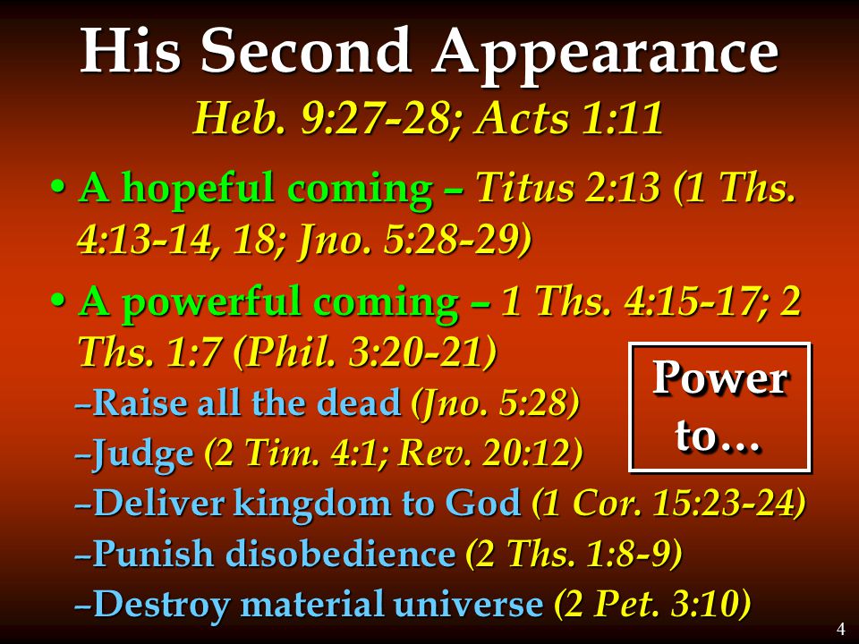 His Second Appearance Heb. 9:27-28; Acts 1:11 A hopeful coming – Titus 2:13 (1 Ths.