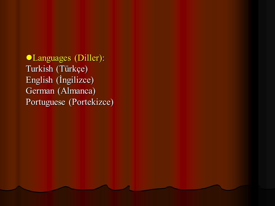 Languages (Diller): Languages (Diller): Turkish (Türkçe) English (İngilizce) German (Almanca) Portuguese (Portekizce)