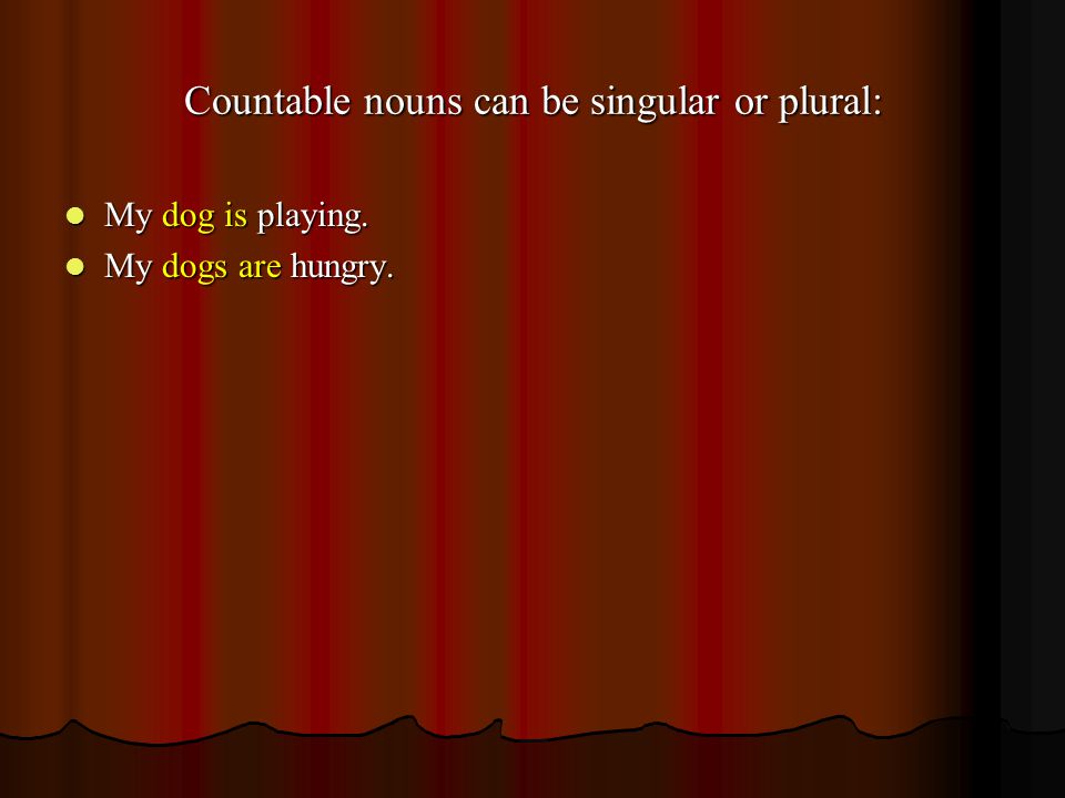Countable nouns can be singular or plural: My dog is playing.