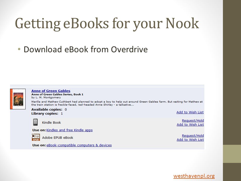 Getting eBooks for your Nook Download eBook from Overdrive westhavenpl.org