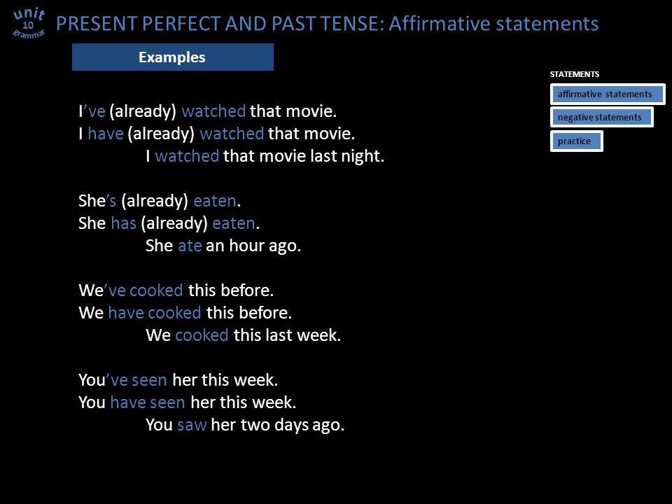 PRESENT PERFECT AND PAST TENSE: Affirmative statements I’ve (already) watched that movie.