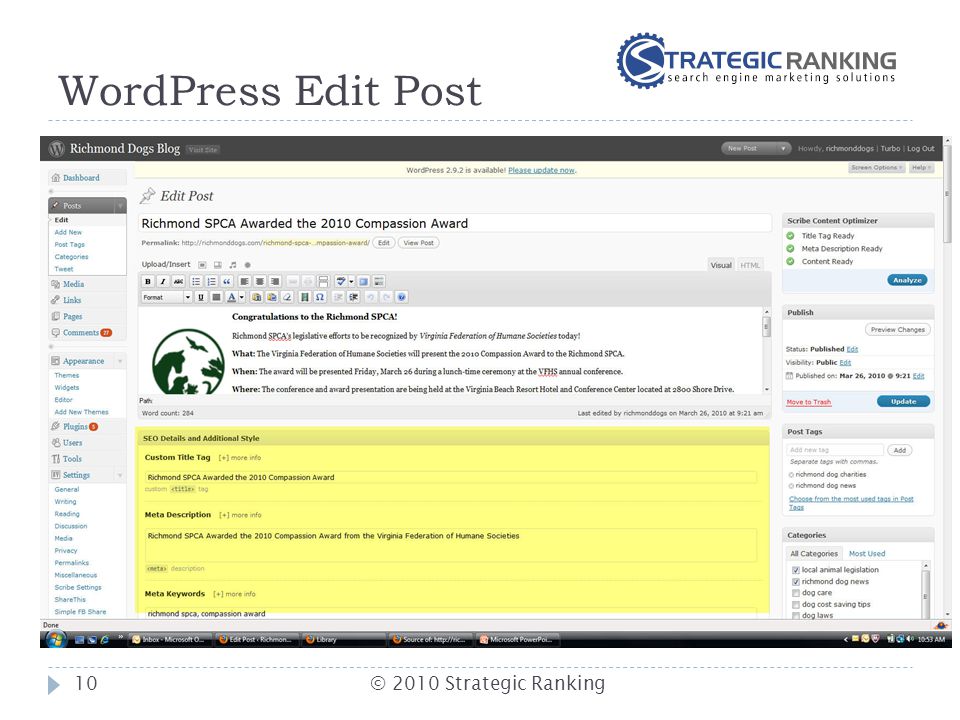 WordPress Edit Post  10© 2010 Strategic Ranking