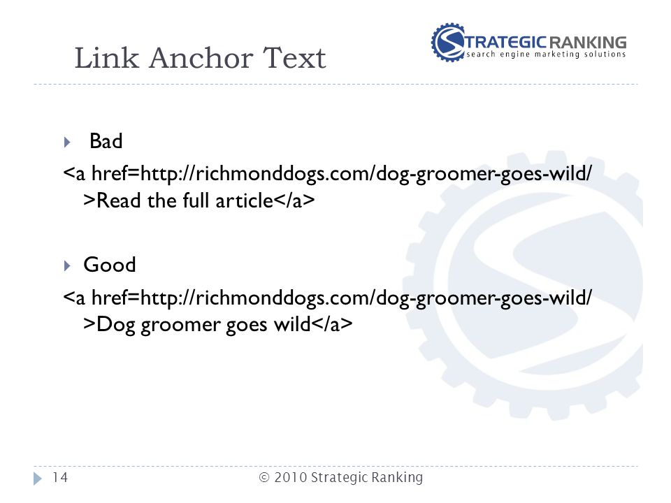 Link Anchor Text  Bad Read the full article  Good Dog groomer goes wild 14© 2010 Strategic Ranking