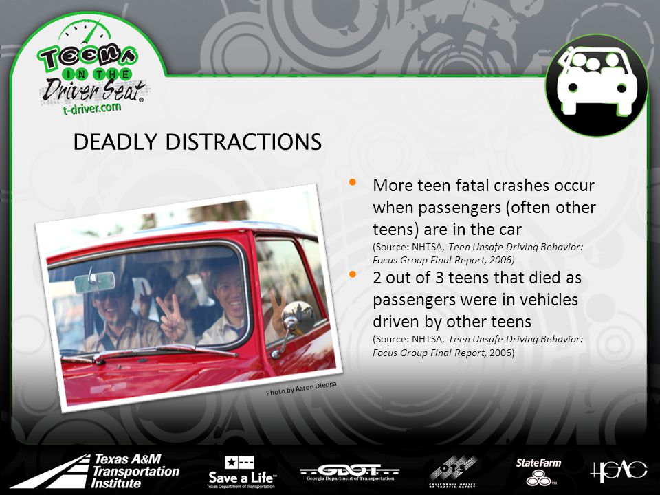 DEADLY DISTRACTIONS More teen fatal crashes occur when passengers (often other teens) are in the car (Source: NHTSA, Teen Unsafe Driving Behavior: Focus Group Final Report, 2006) 2 out of 3 teens that died as passengers were in vehicles driven by other teens (Source: NHTSA, Teen Unsafe Driving Behavior: Focus Group Final Report, 2006) Photo by Aaron Dieppa
