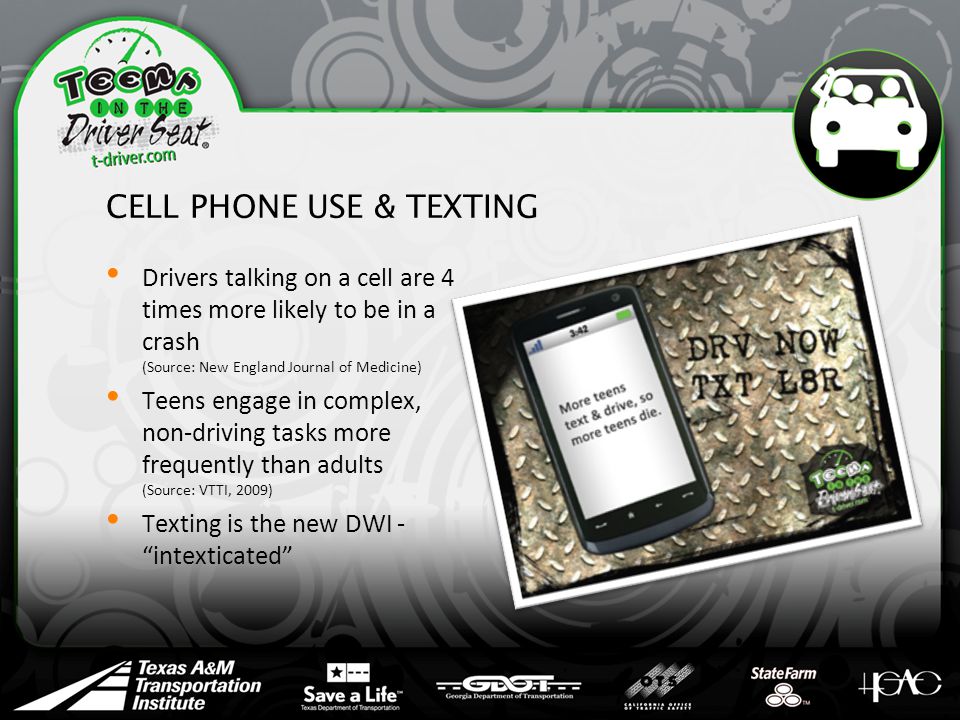 CELL PHONE USE & TEXTING Drivers talking on a cell are 4 times more likely to be in a crash (Source: New England Journal of Medicine) Teens engage in complex, non-driving tasks more frequently than adults (Source: VTTI, 2009) Texting is the new DWI - intexticated