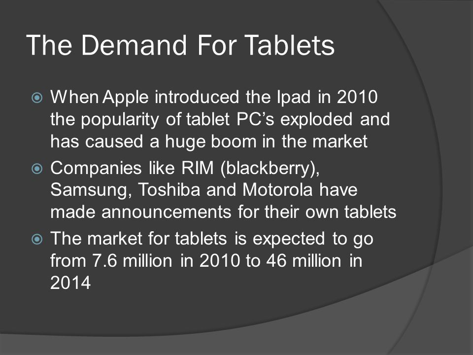 The Demand For Tablets  When Apple introduced the Ipad in 2010 the popularity of tablet PC’s exploded and has caused a huge boom in the market  Companies like RIM (blackberry), Samsung, Toshiba and Motorola have made announcements for their own tablets  The market for tablets is expected to go from 7.6 million in 2010 to 46 million in 2014