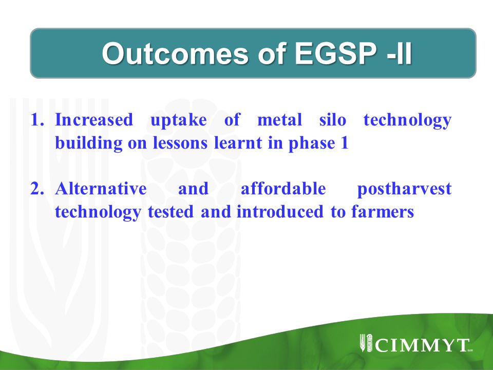 Outcomes of EGSP -II Outcomes of EGSP -II 1.Increased uptake of metal silo technology building on lessons learnt in phase 1 2.Alternative and affordable postharvest technology tested and introduced to farmers