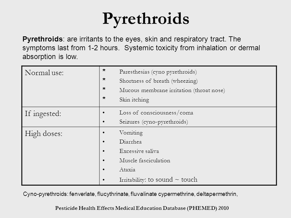Pesticide Health Effects Medical Education Database (PHEMED) 2010 Pyrethroids Pyrethroids: are irritants to the eyes, skin and respiratory tract.